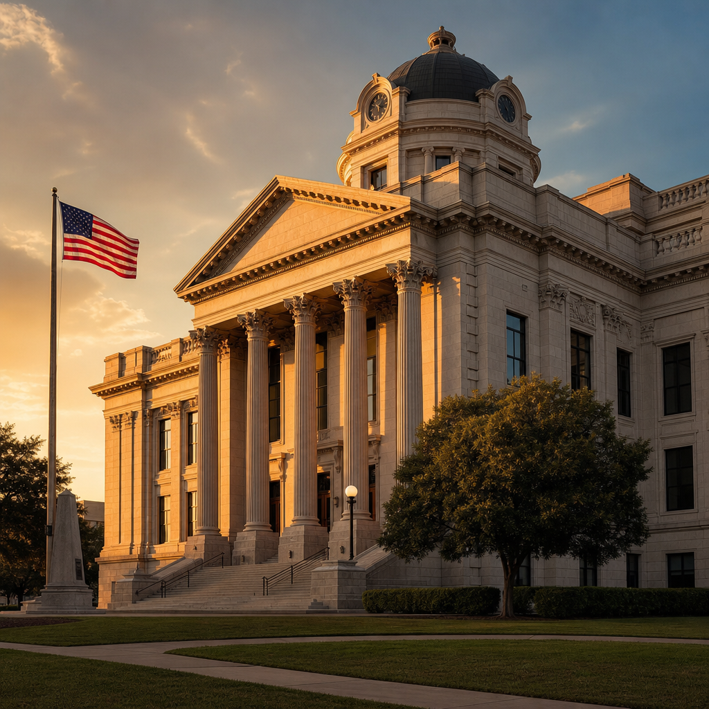 Texas courthouse at golden hour, symbolizing justice and the rule of law