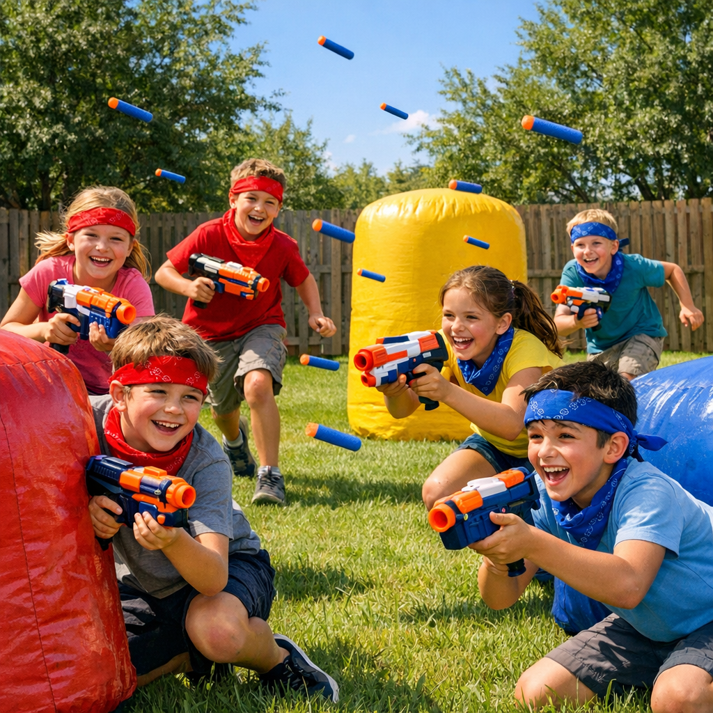 Kids foam dart battle in backyard