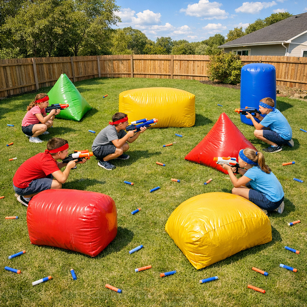 Team foam dart battle with inflatable obstacles