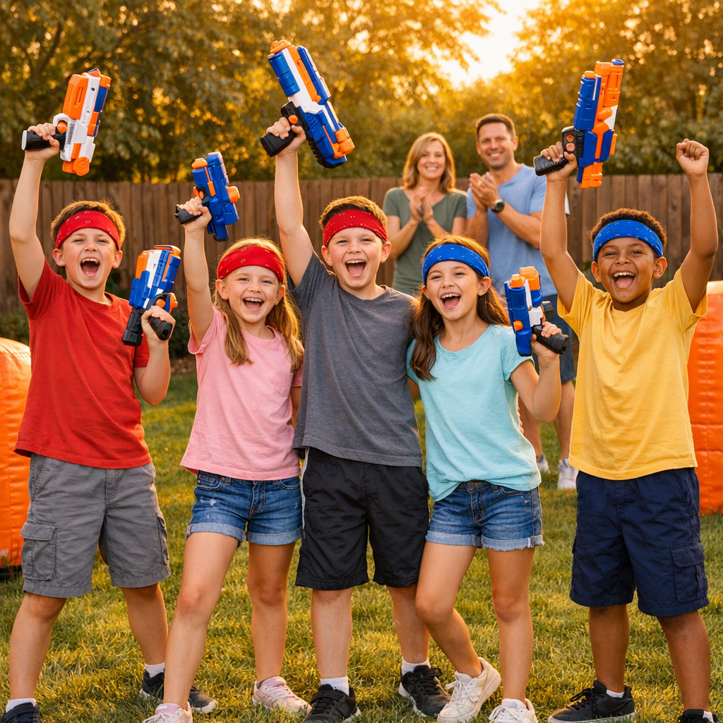 Kids celebrating after foam dart battle