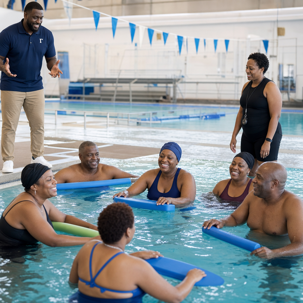 Adult Black learners practicing floating in a community pool