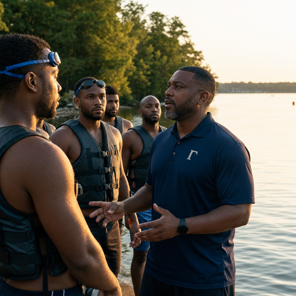 Adult swimmers and a Gamma Phi Theta brother by a calm lake at golden hour