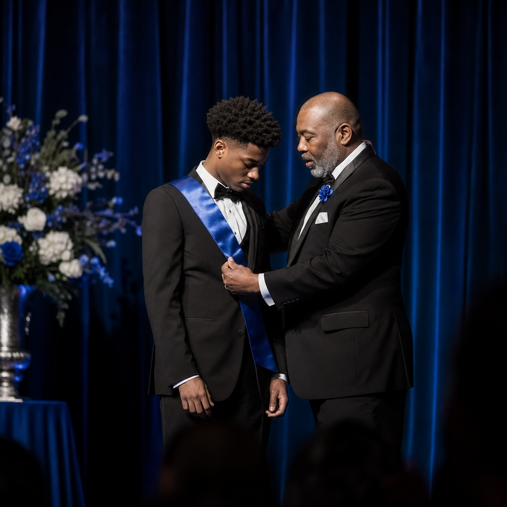 Beautillion investiture, mentor placing royal blue sash on Knight Candidate