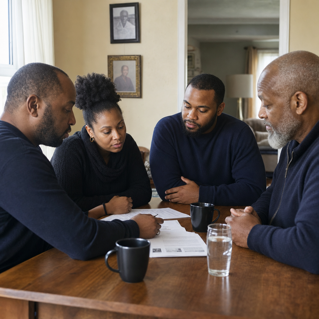 A Black father, mother, a Gamma Phi Theta brother, and an older Cohort Lead seated together around a small kitchen table, working through a packet of papers in soft natural light.
