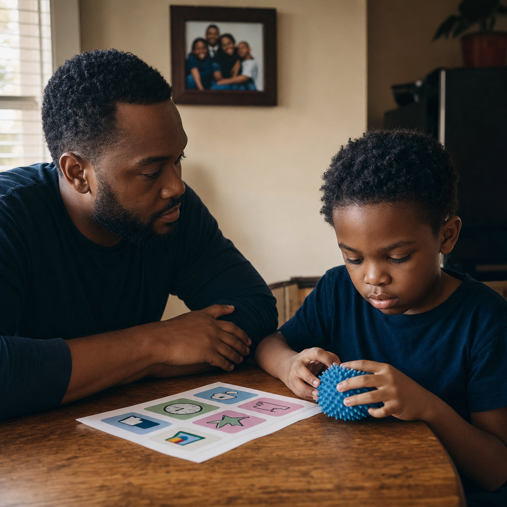A Black father and his young son, who is on the autism spectrum, sitting together at a kitchen table working with a visual schedule and a sensory toy in soft natural light.