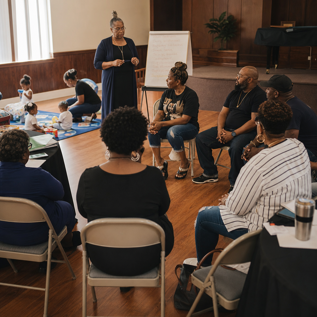Caregivers seated in a circle at a community workshop, with children playing on a sensory rug in the corner of the fellowship hall and a childcare volunteer present.