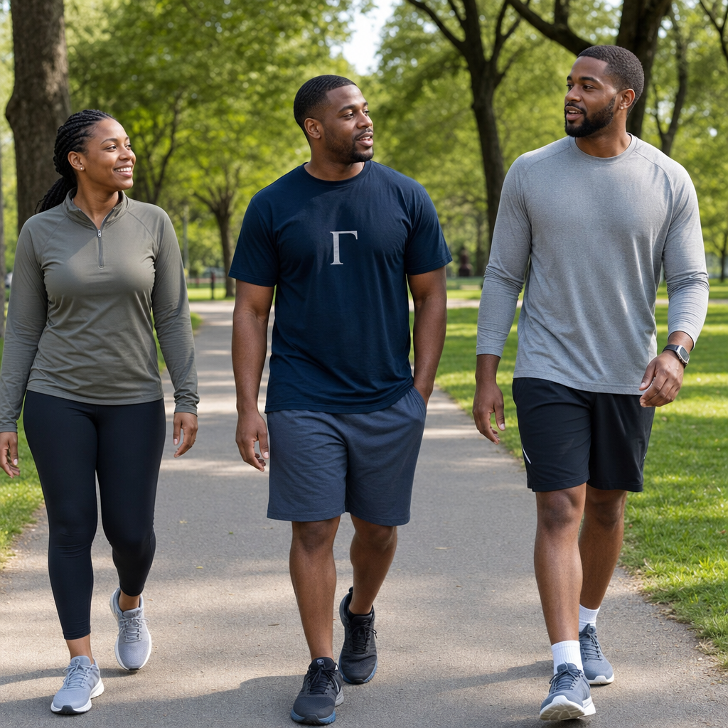 A Black man in a midnight navy Gamma Phi Theta t-shirt with a single white capital Gamma on the chest walking on a paved park path with his wife and his adult brother at a steady comfortable pace, household and brother in plain athletic wear, all three in unhurried conversation as part of weekly walking practice.