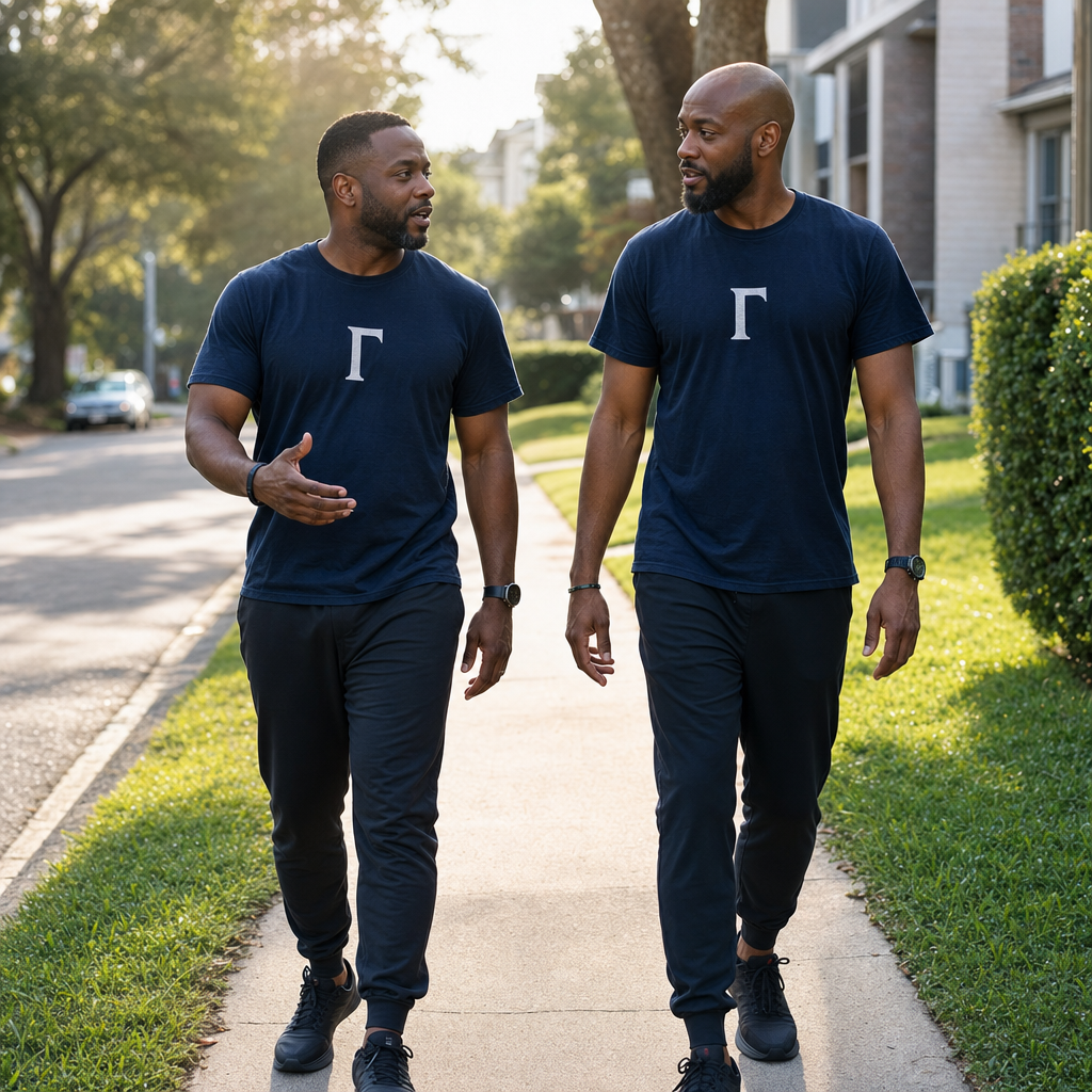 Two Black men in midnight navy Gamma Phi Theta t-shirts with a single white capital Gamma on the chest walking together at a steady conversational pace on a tree-lined neighborhood sidewalk in early-morning light, in conversation as part of their weekly walking practice.