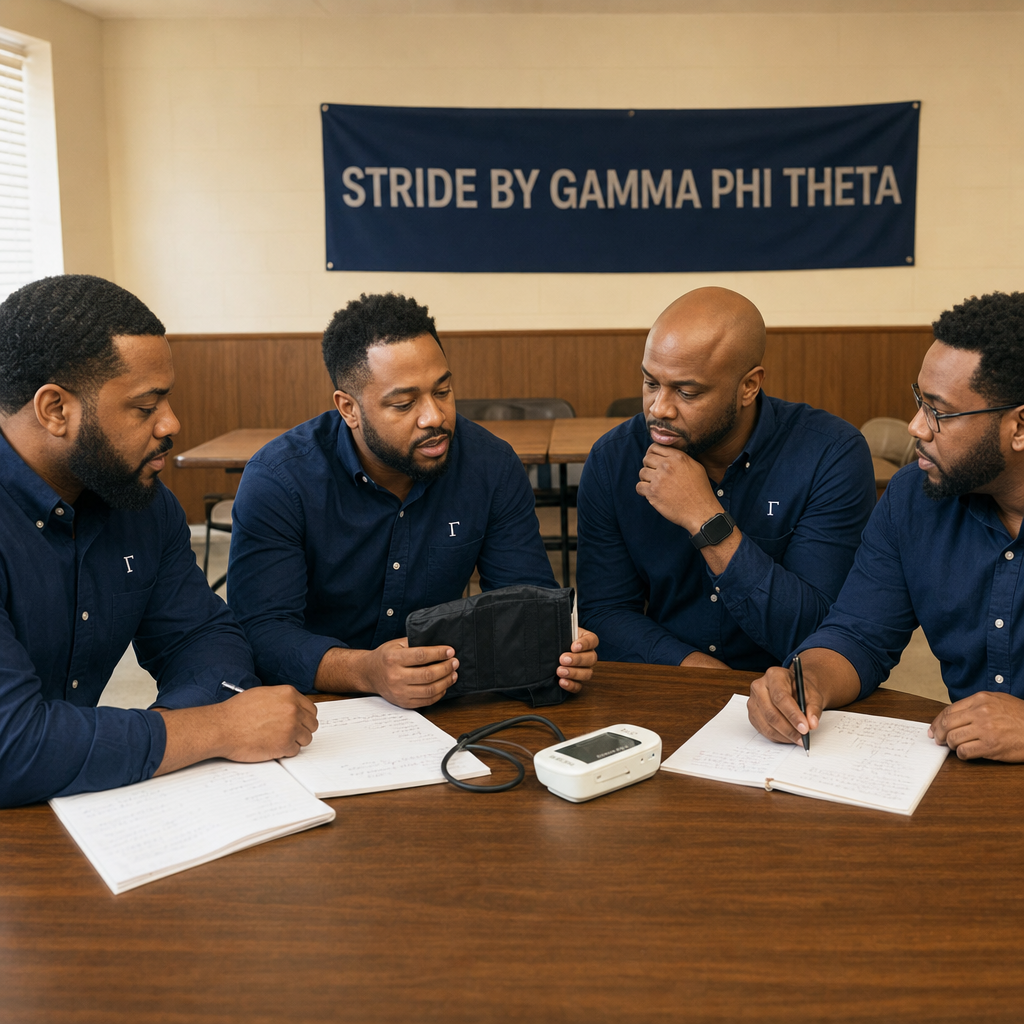 Four Black men in midnight navy Gamma Phi Theta button-up shirts with a small white capital Gamma embroidered on the left chest, seated around a wooden table examining a home blood pressure cuff and reviewing handwritten paper logs at a community workshop, with a S.T.R.I.D.E. BY GAMMA PHI THETA banner mounted on the back wall.