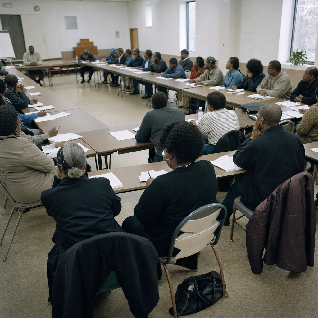 A community workshop at a small church fellowship hall, with brothers and community members seated around tables, working through a session.