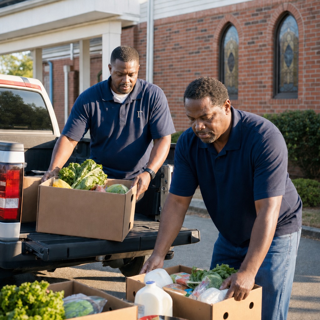 Two Gamma brothers loading boxes of fresh produce from a pickup truck at a community church.