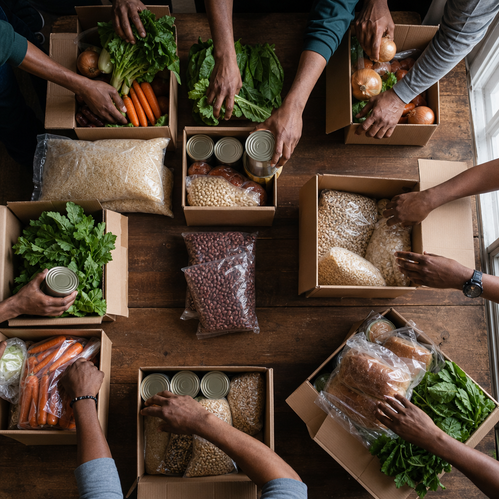 Hands of Gamma brothers organizing fresh produce, canned goods, dried beans, rice, and bread into community boxes on a wooden table.