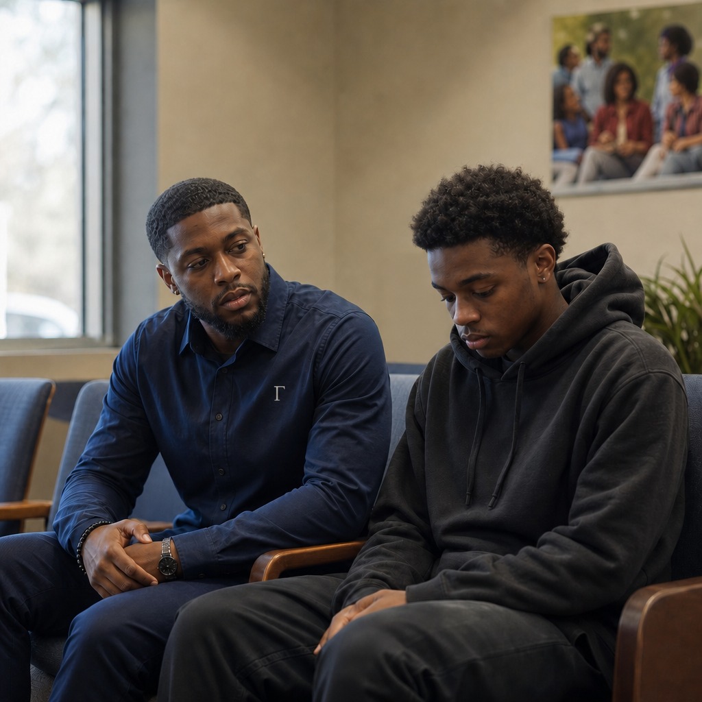 A trained brother sits with a younger brother in a community mental health clinic waiting room.